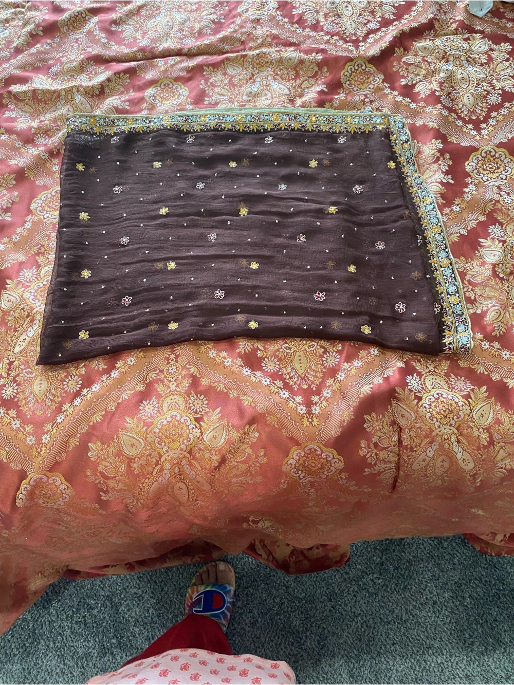 Embroidered Brown Sheer Scarf with Gold & Marigold Accents - Picture 4 of 7